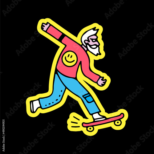 Bearded old man riding skateboard, illustration for t-shirt, sticker, or apparel merchandise. With doodle, retro, and cartoon style.