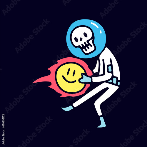 Skull astronaut catching meteor  illustration for t-shirt  sticker  or apparel merchandise. With doodle  retro  and cartoon style.