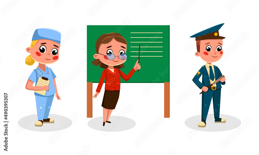 Funny kids of various professions set. Captain, doctor, teacher cartoon vector illustration