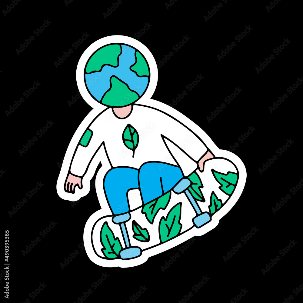 Man with earth planet head character freestyle with skateboard, illustration for t-shirt, sticker, or apparel merchandise. With doodle, retro, and cartoon style.