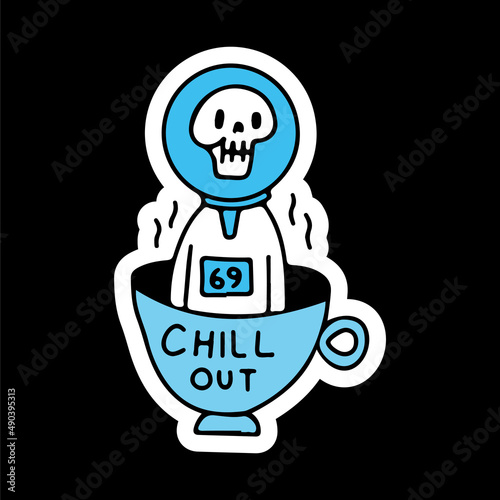 Skull astronaut chill out on cup of coffee, illustration for t-shirt, sticker, or apparel merchandise. With doodle, retro, and cartoon style.