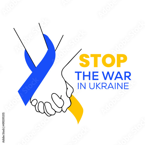 Pray For Ukraine peace. Human fist fist strength power on Ukraine flag background with an inscription Stop the war in Ukraine inscription, Patriotic Ukraine heart flag shape vector icon photo