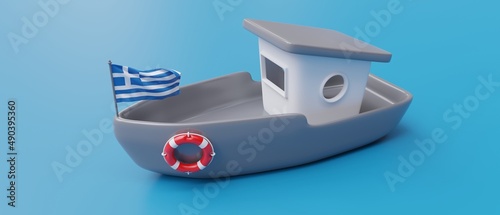 Greece Shipping business, marine transportation and sea travel. Greek flag Boat on blue. 3d render