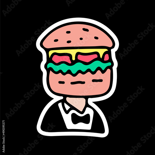 Man with burger head wearing tuxedo, illustration for t-shirt, sticker, or apparel merchandise. With doodle, retro, and cartoon style.