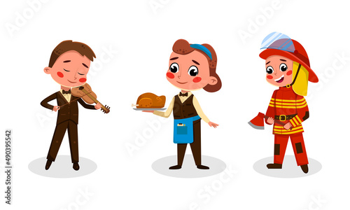 Funny kids of various professions set. Chef, musician, firefighter cartoon vector illustration