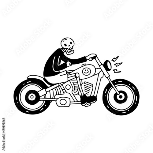 Skull riding motorbike, illustration for t-shirt, sticker, or apparel merchandise. With doodle, retro, and cartoon style.