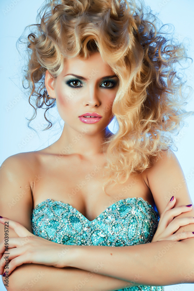beauty blond woman with curly hair close up isolated, fashion makeup and style beauty blond woman with curly hair close up isolated, fashion makeup and style