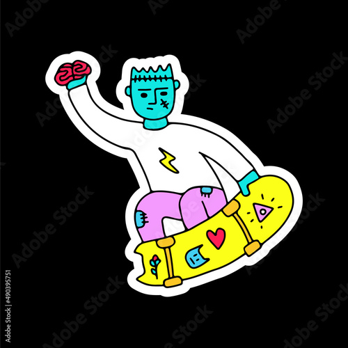 Frankenstein holding brain and freestyle with skateboard, illustration for t-shirt, sticker, or apparel merchandise. With doodle, retro, and cartoon style.