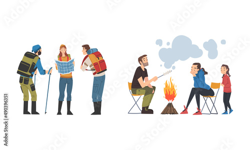 Travelers with backpacks having hiking trip and camping near bonfire cartoon vector illustration