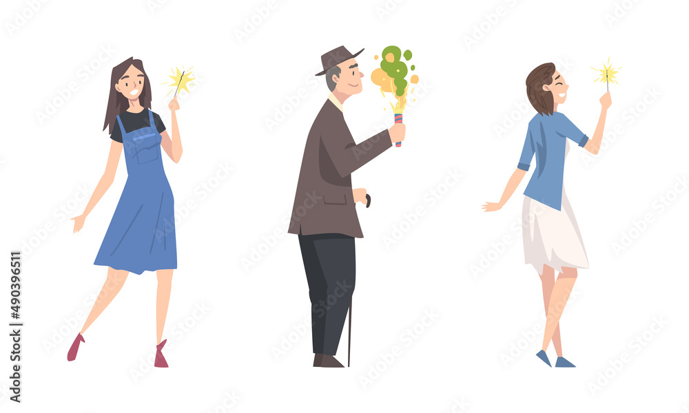 Happy people celebrating holiday with sparklers and firecrackers set cartoon vector illustration Happy people celebrating holiday with sparklers and firecrackers set cartoon vector illustration