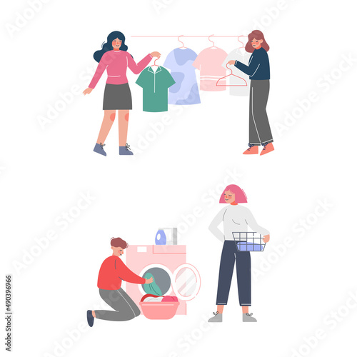 People washing clothes in public laundry cartoon vector illustration