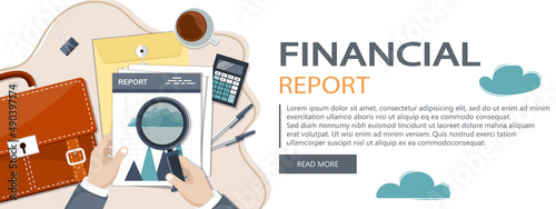 Accounting Concept. Financial analysis, tax payment, analytics, data capture, statistics, research. Forms, budget book, folder with documents, money. Can use for web banner, landing page, web template