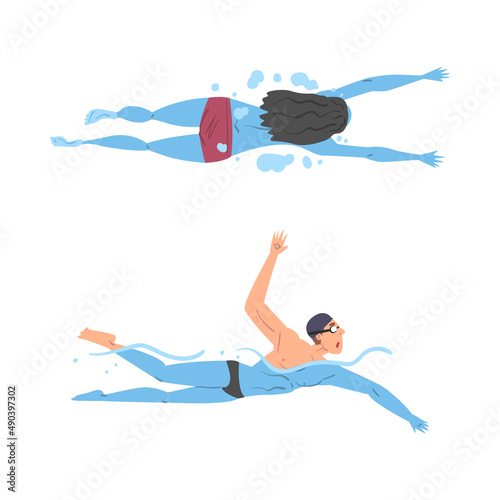 Set of people swimming and diving in pool or sea cartoon vector illustration
