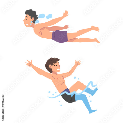 Boys swimming and diving in swimming pool set cartoon vector illustration