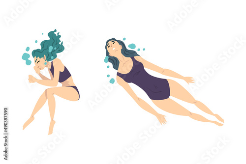 Young women in swimsuits swimming in water cartoon vector illustration