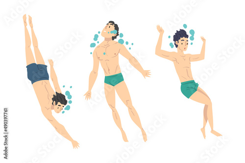 Young men swimming and diving in swimming pool or sea set cartoon vector illustration