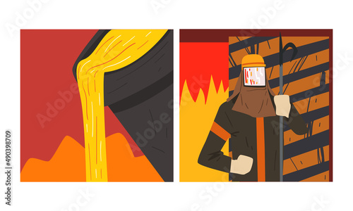 Blast furnace metal smelting and metallurgy industry steelmaker worker. Metallurgical industry, steel and alloys production vector illustration