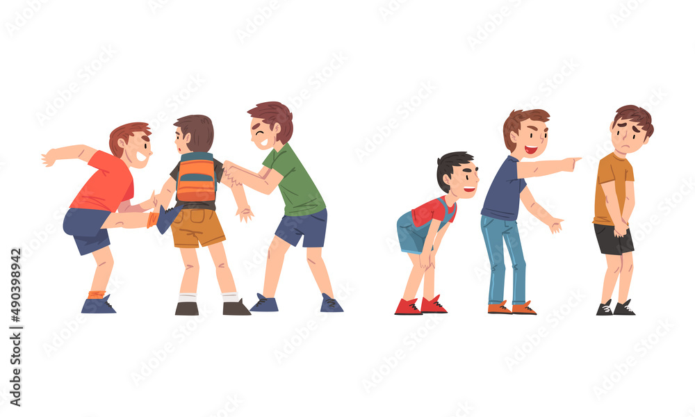 Conflicts between boys set. Students getting bullied in school cartoon vector illustration Conflicts between boys set. Students getting bullied in school cartoon vector illustration