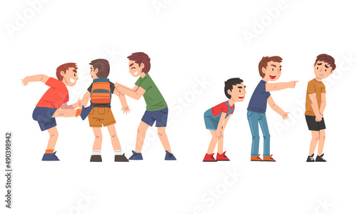 Conflicts between boys set. Students getting bullied in school cartoon vector illustration