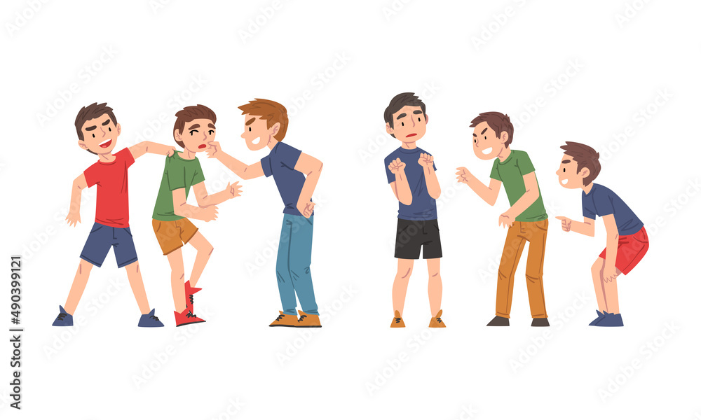 Conflicts between children set. Boys getting bullied in school cartoon vector illustration Conflicts between children set. Boys getting bullied in school cartoon vector illustration