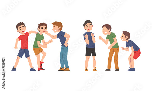 Conflicts between children set. Boys getting bullied in school cartoon vector illustration