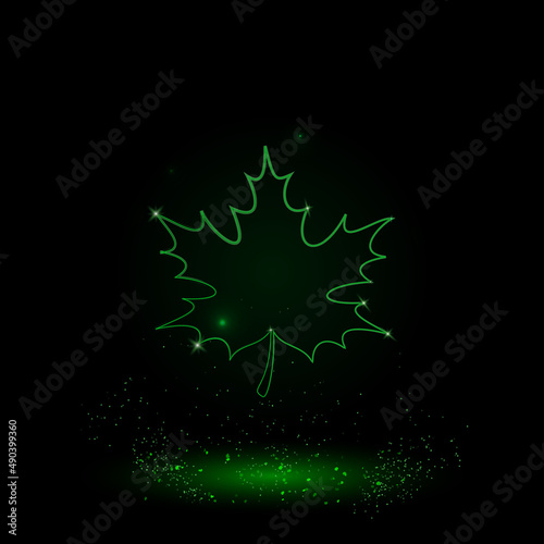 A large green outline maple leaf on the center. Green Neon style. Neon color with shiny stars. Vector illustration on black background