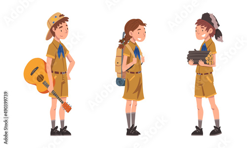 Scouting children set. Boy and girl in explorer outfit with guitar and backpack cartoon vector illustration