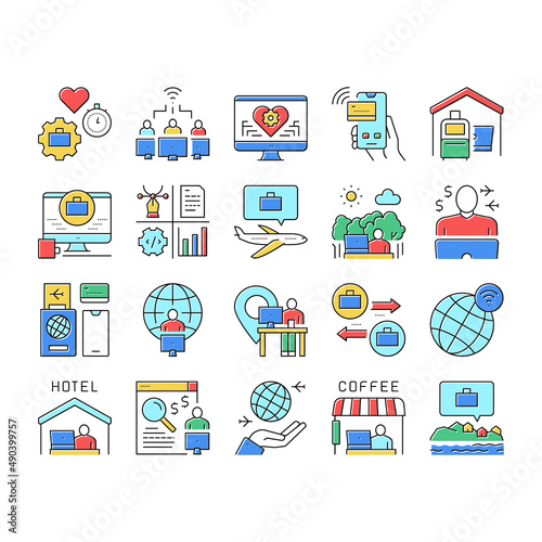 Digital Nomad Worker Collection Icons Set Vector .