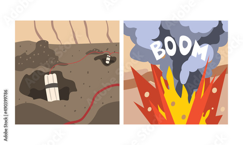 Explosion of dynamite in quarry, mining and metal extraction. Metallurgical industry, steel and alloys production cartoon vector illustration