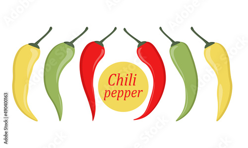 Chili pepper set. Red, green and yellow chili peppers. Vector image