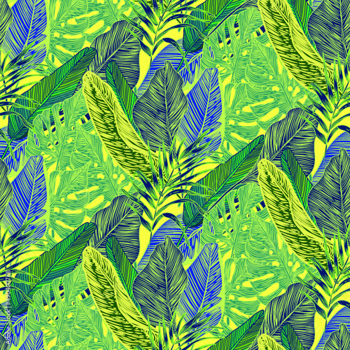 vector seamless stylish trendy tropical patterns with exotic leaves in custom bright colors. Vector lush foliage for stylish pattern surface design