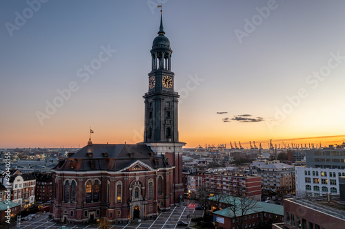 Hamburg, Germany, Panorama over Hamburg's city. With the main church St. Michaelis