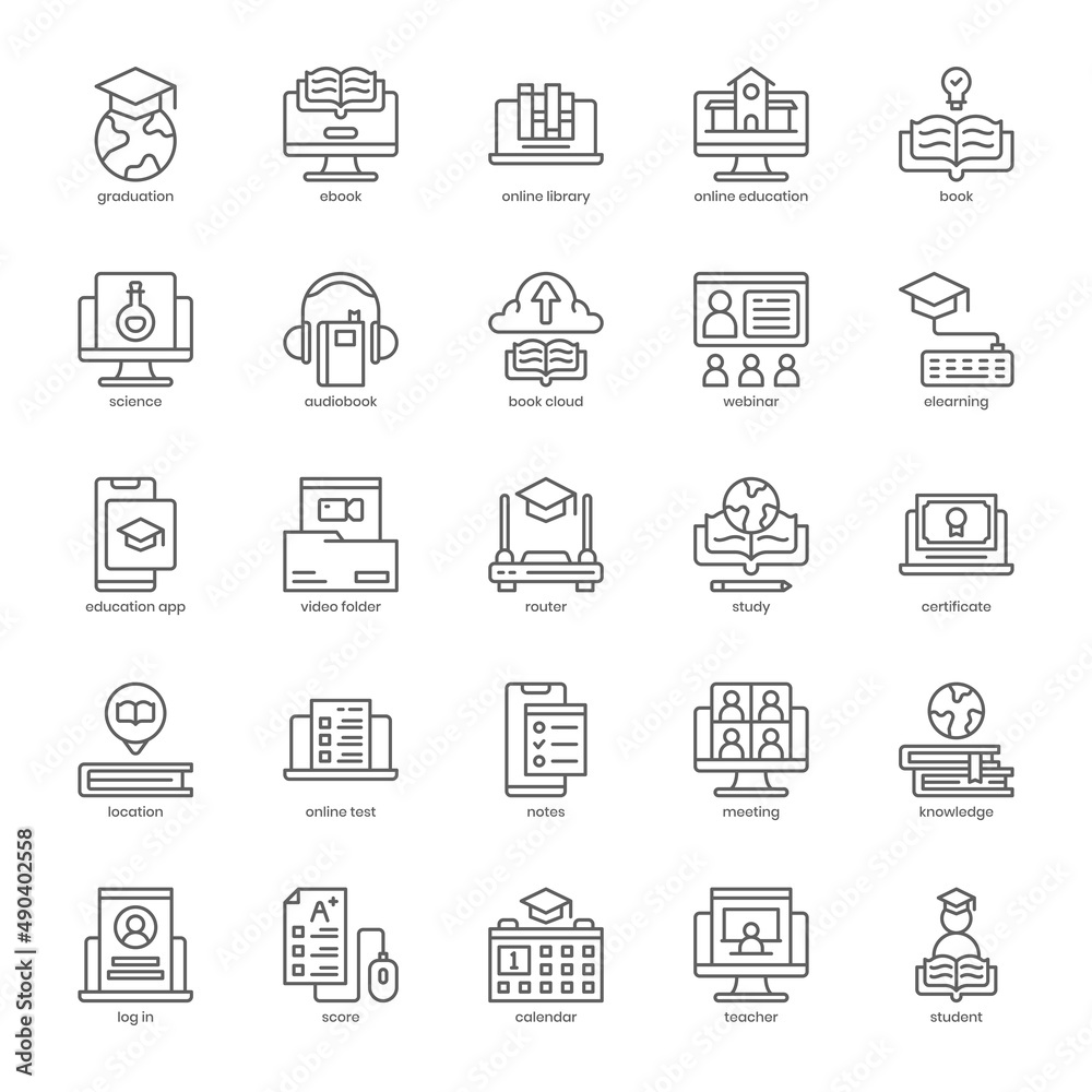 Online Education icon pack for your website design, logo, app, UI. Online Education icon outline design. Vector graphics illustration and editable stroke.