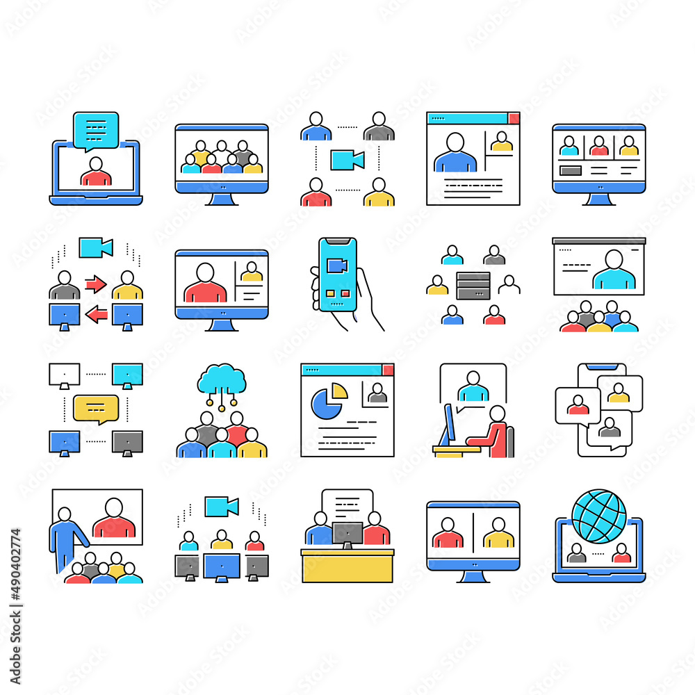 Online Video Meeting Collection Icons Set Vector . Online Video Meeting Collection Icons Set Vector .