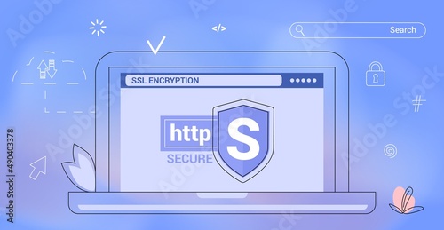 HTTPS Protected connection Secure protocol Security communication online networks Safe browsing Internet surfing on net and data sertificate encryption Vector illustration business concept Cyber text