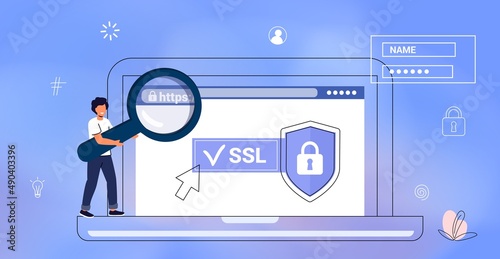 HTTPS Protected connection Secure protocol Security communication online networks Safe browsing Internet surfing on net and data sertificate encryption Vector illustration business concept Cyber text