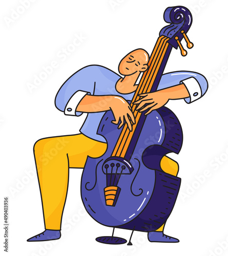 Contrabass player sitting and enjoying  double bass jazz music. Flat vector illustration in doodle style.