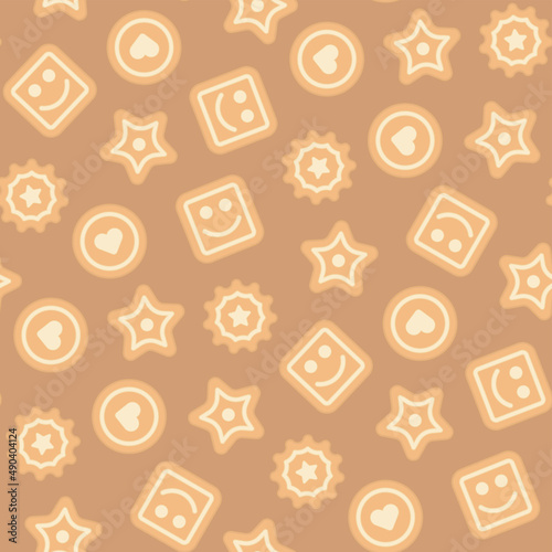 Beautiful cute cookies isolated on a light brown background. Cute dessert seamless pattern. Vector simple flat graphic illustration. Texture.