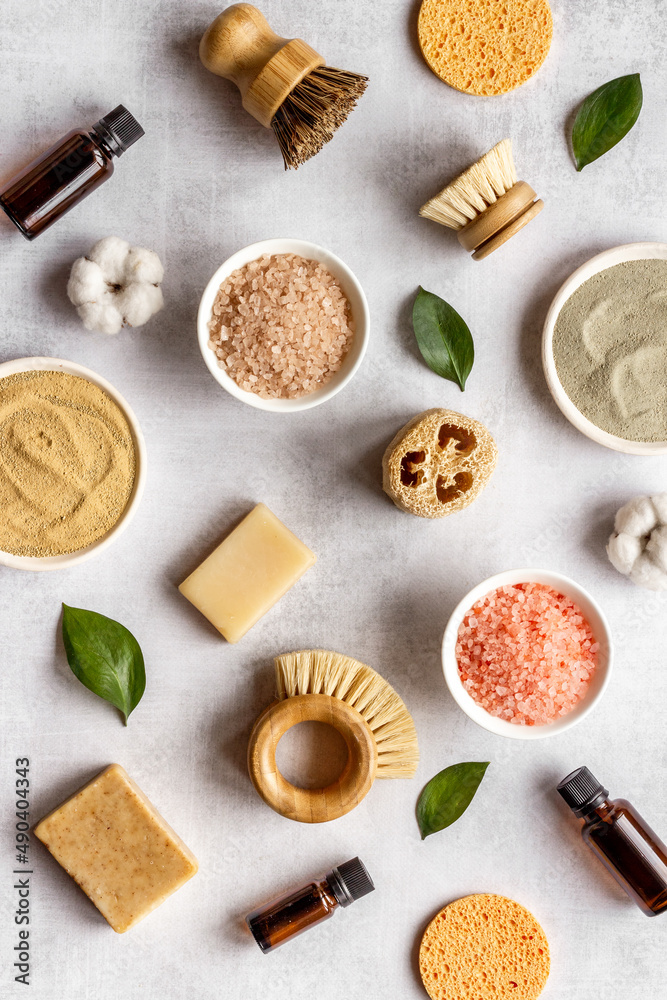Flatlay of massage and spa products and accessories, top view Flatlay of massage and spa products and accessories, top view