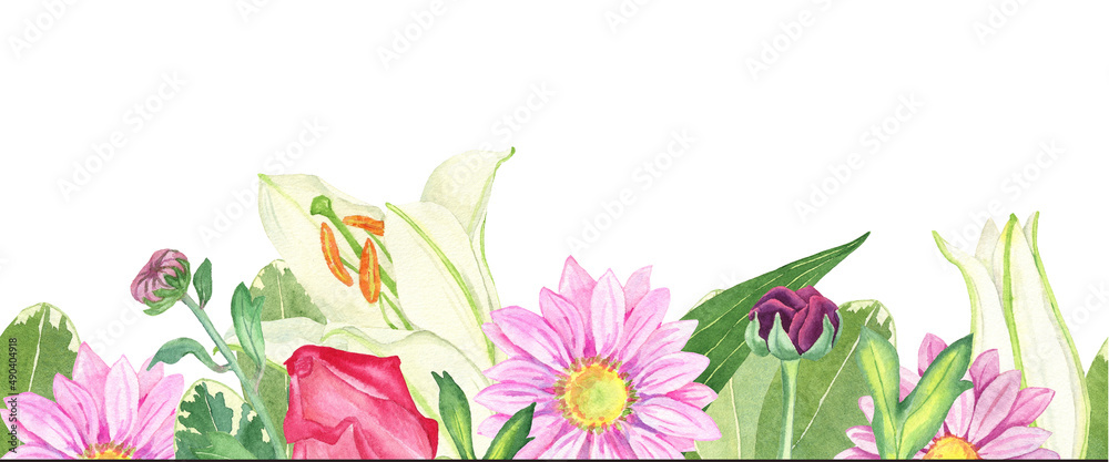 Horizontal floral border. Watercolor flowers pattern with pink chrysanthemums, roses, white lilies, lilac ranunculus, green  leaves.