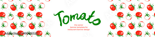 Banner organic ingredients, template design for healthy food concept, vegetarian food banner with red tomatoes background, eco store and farmers market. Tomato pattern for homemade cooking courses.