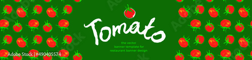 Banner organic ingredients, template design for healthy food concept, vegetarian food banner with red tomatoes background, eco store and farmers market. Tomato pattern for homemade cooking courses.