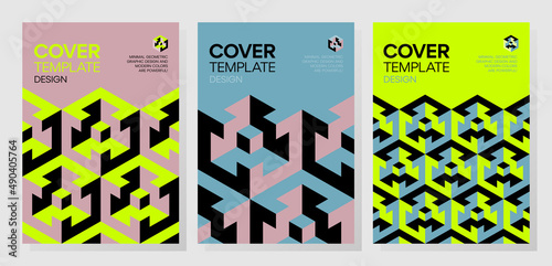 Set of trendy abstract 3d optical illusion geometric shapes cover design.
