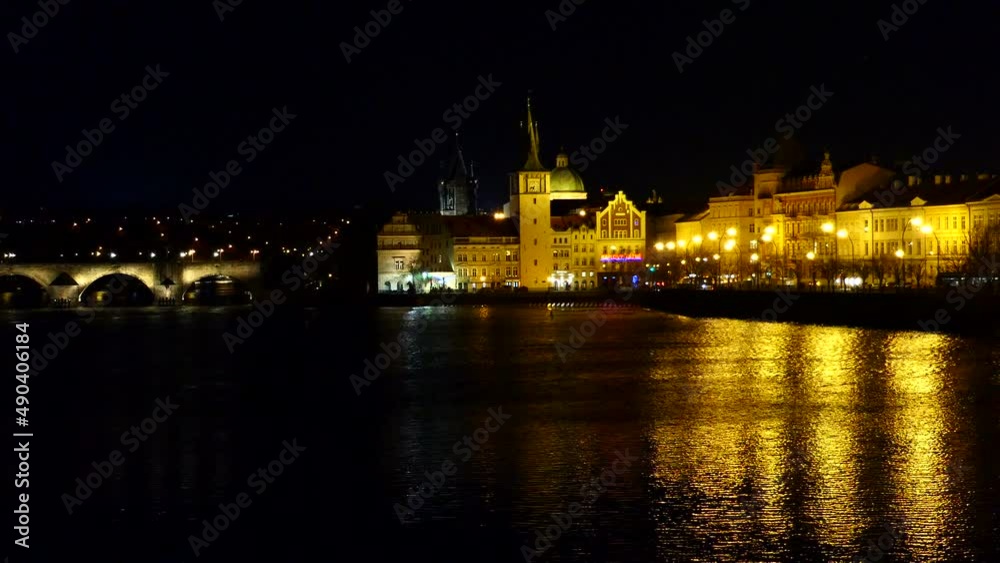 Prague bridge and Vltava River embankment art night Prague bridge and Vltava River embankment art night
