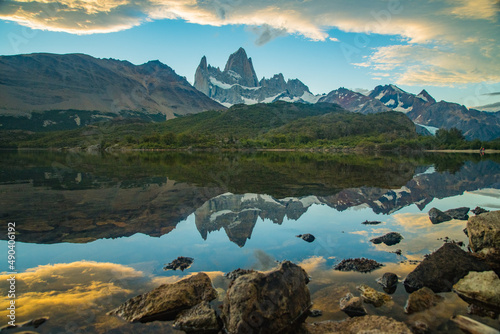Monte Fitz Roy mountain range in Patagonia, Argentina at sunrise.