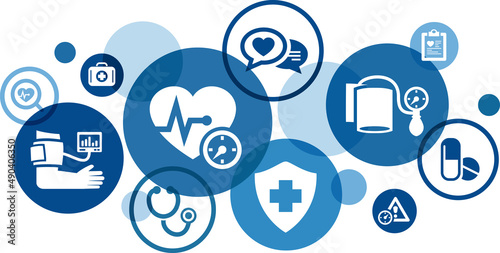 Hypertension vector illustration. Blue concept with icons related to high blood pressure, cardiovascular disease, blood pressure check and awareness, medicine and healthcare. photo