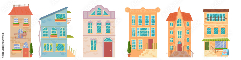 Set of residential and city houses of different styles. Retro city architecture and modern buildings. Vector illustration of a house isolated on a white background.