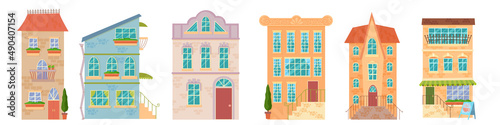 Fototapeta Naklejka Na Ścianę i Meble -  Set of residential and city houses of different styles. Retro city architecture and modern buildings. Vector illustration of a house isolated on a white background.