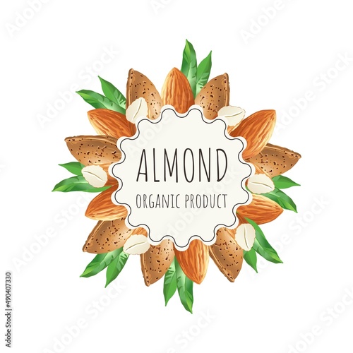 Vector almond label for package. Collection with different nuts labels: hazelnut, walnut, pistachio, peanut, brazil nut, cashew, almond. Organic and natural food. Craft background