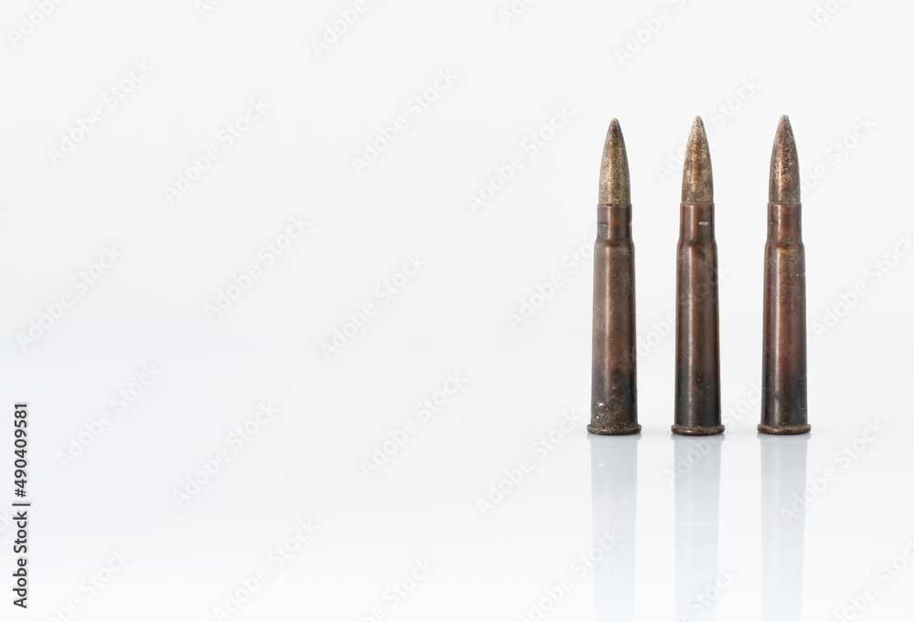 brass bullets photographed on a reflective white base and a white background close up copy space brass bullets photographed on a reflective white base and a white background close up copy space